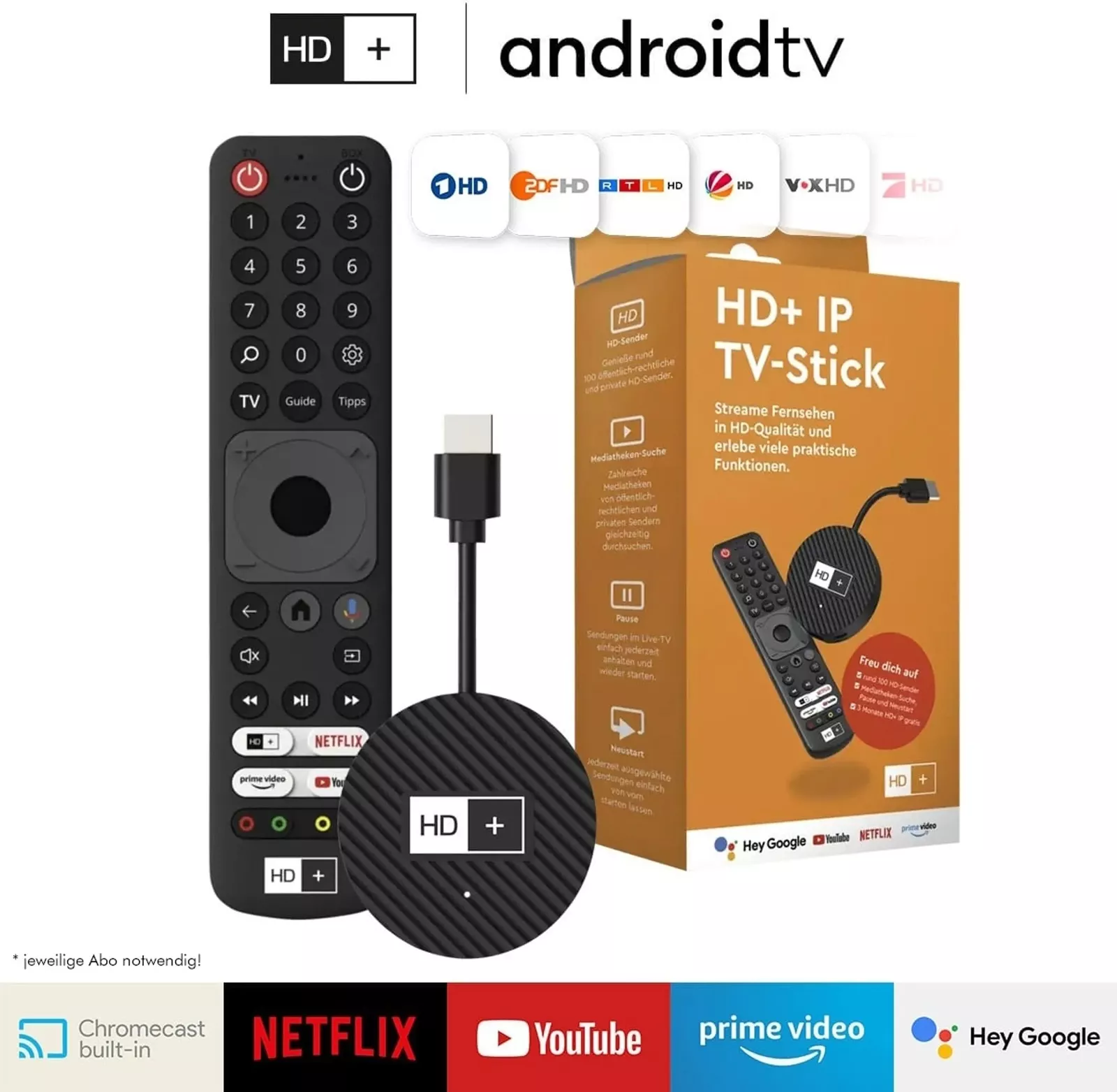 HD-Plus IP TV-Stick inkl. 3 Monate HD+ IP-Abo (UHD 4K, Android TV, Dual-WiFi, Bluetooth, HDMI)