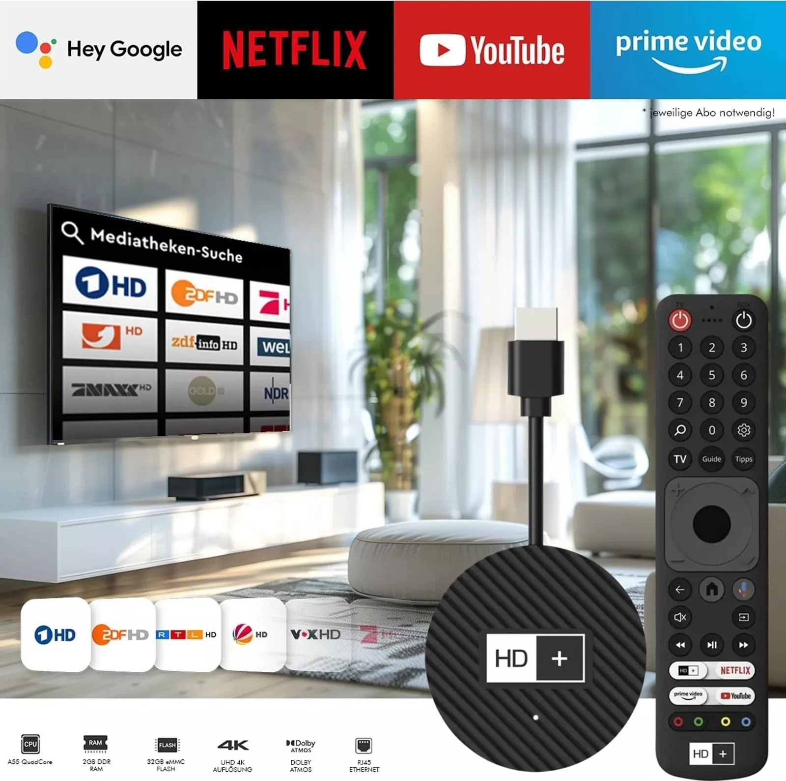 HD-Plus IP TV-Stick inkl. 3 Monate HD+ IP-Abo (UHD 4K, Android TV, Dual-WiFi, Bluetooth, HDMI)